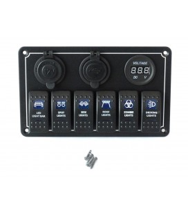 Switch 1224V ON-OFFx6, 1xZ, 2xUSB 3.1A , 1 LED volt, 3xB 15A IP68 Blue