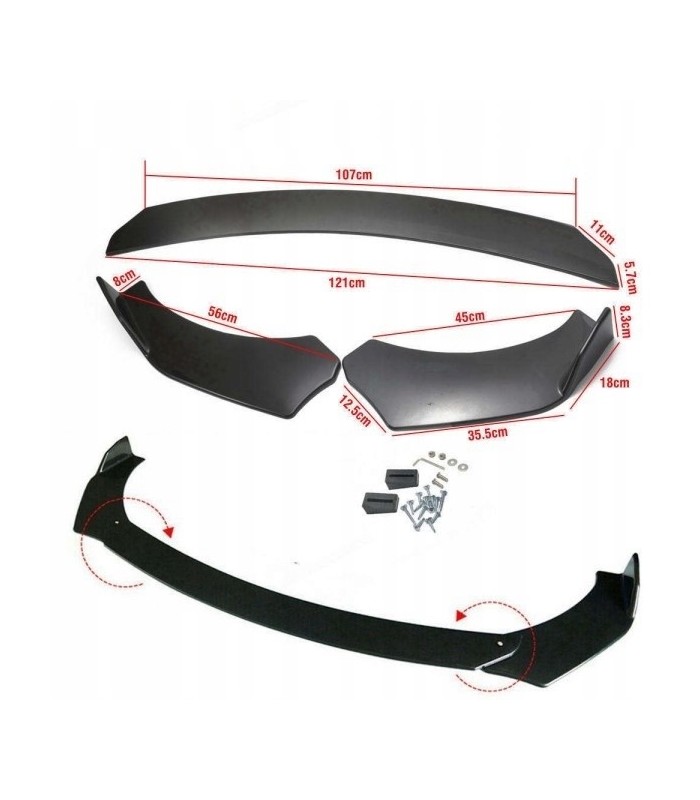 Universal front bumper splitter gloss black 3pcs.